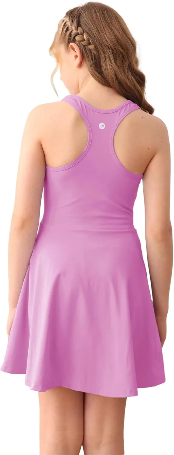 Haloumoning Girls Sleeveless Tennis Dress Kids Racerback Golf Dress School Sports Dresses Outfit with Shorts Pockets