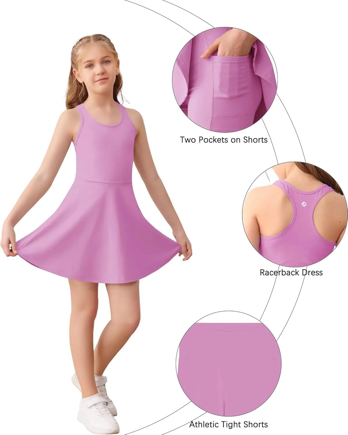 Haloumoning Girls Sleeveless Tennis Dress Kids Racerback Golf Dress School Sports Dresses Outfit with Shorts Pockets