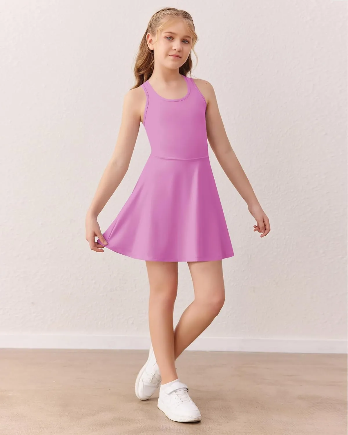 Haloumoning Girls Sleeveless Tennis Dress Kids Racerback Golf Dress School Sports Dresses Outfit with Shorts Pockets