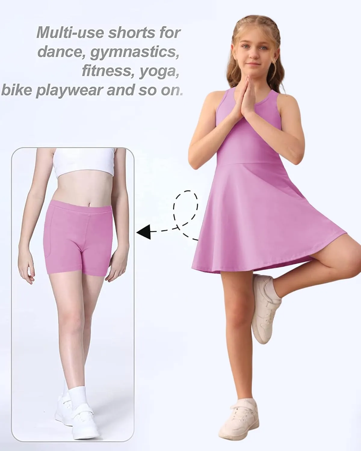 Haloumoning Girls Sleeveless Tennis Dress Kids Racerback Golf Dress School Sports Dresses Outfit with Shorts Pockets