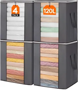 Lifewit Extra Large Blanket Comforter Storage Bags with Reinforced Handles for Bedding, Sheet, Foldable Clothes Storage Containers for King Size Quit, 120L Linen Moving Bag 4 Pack