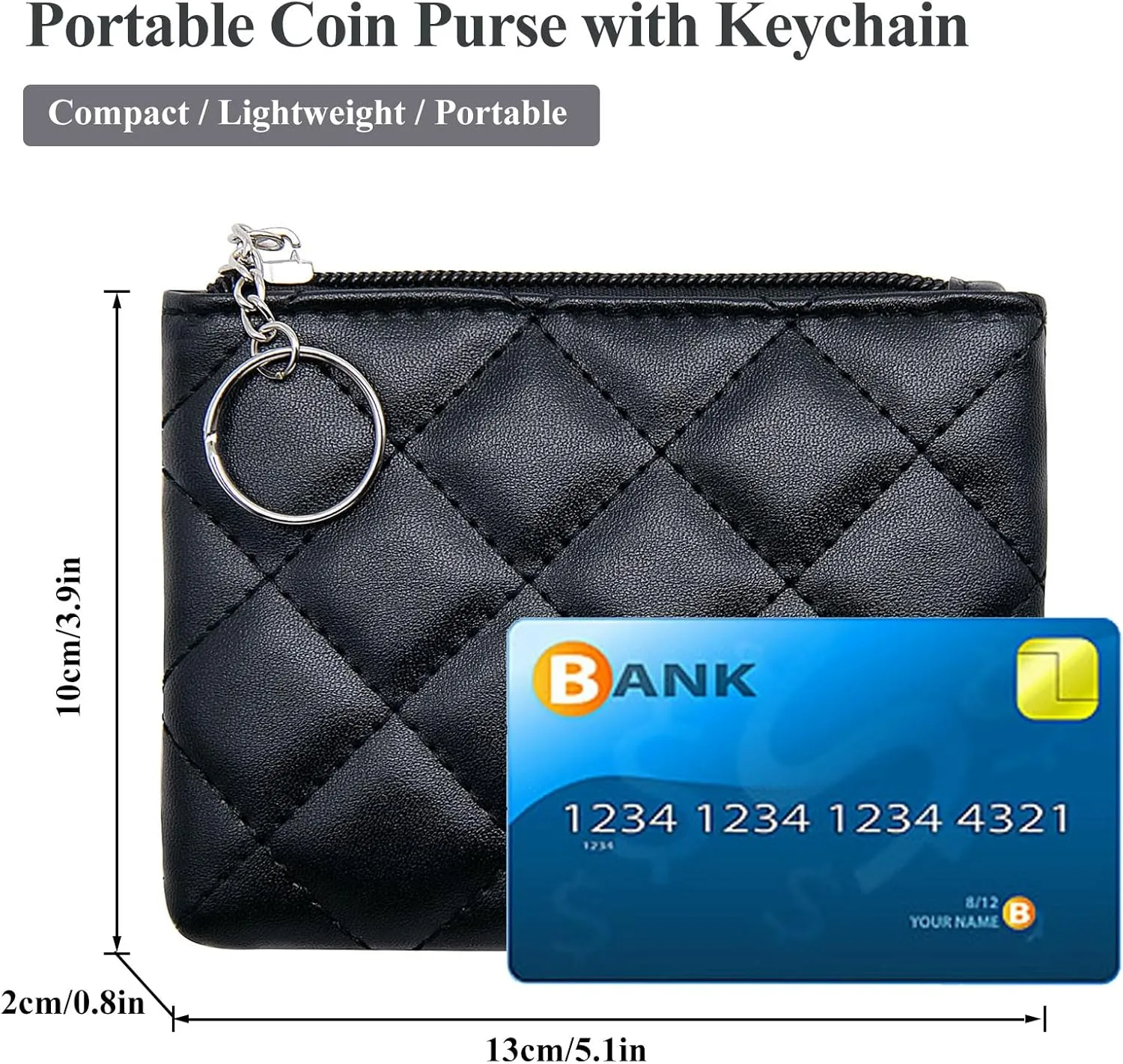 LJCZKA Coin Purse for Women Quilted Leather Mini Pouch Card Holder Top Zipper Coin Wallet Makeup Bag with Keychain (Black)