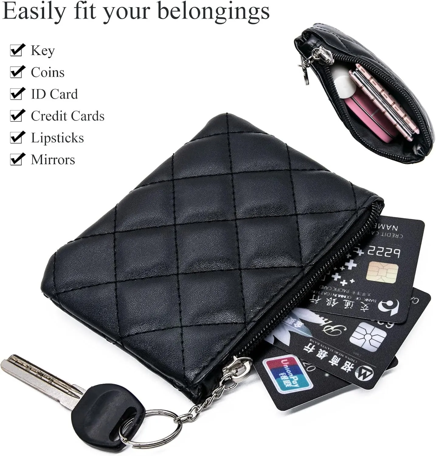 LJCZKA Coin Purse for Women Quilted Leather Mini Pouch Card Holder Top Zipper Coin Wallet Makeup Bag with Keychain (Black)