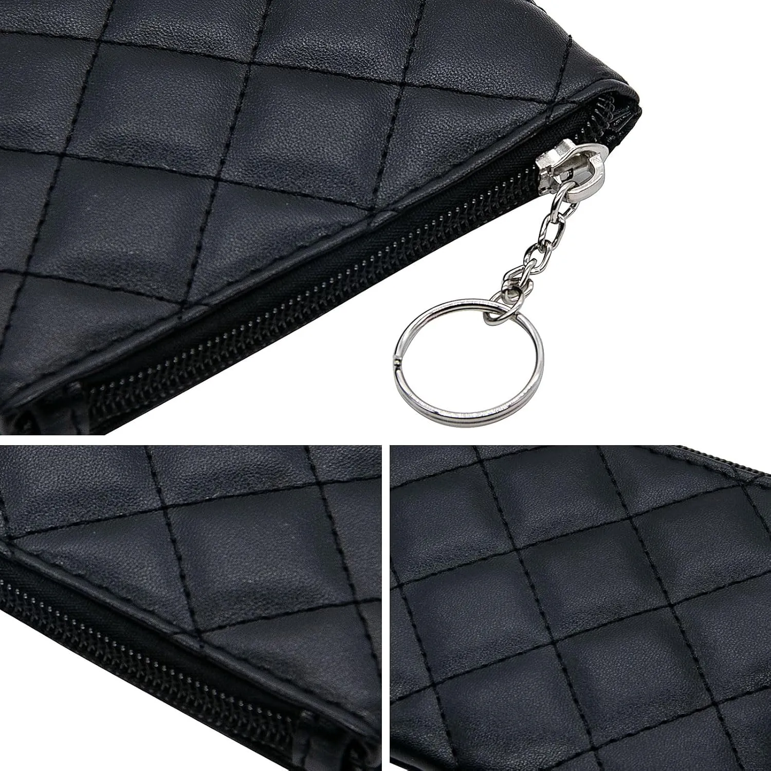 LJCZKA Coin Purse for Women Quilted Leather Mini Pouch Card Holder Top Zipper Coin Wallet Makeup Bag with Keychain (Black)