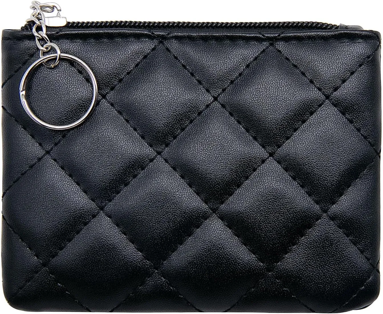 LJCZKA Coin Purse for Women Quilted Leather Mini Pouch Card Holder Top Zipper Coin Wallet Makeup Bag with Keychain (Black)