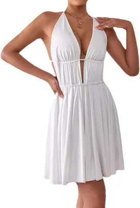 Melliflo Women's Boho Backless Mini Sundress Back Tie Sexy Club Beach Dress Deep V-Neck Ruffle Babydoll Dresses