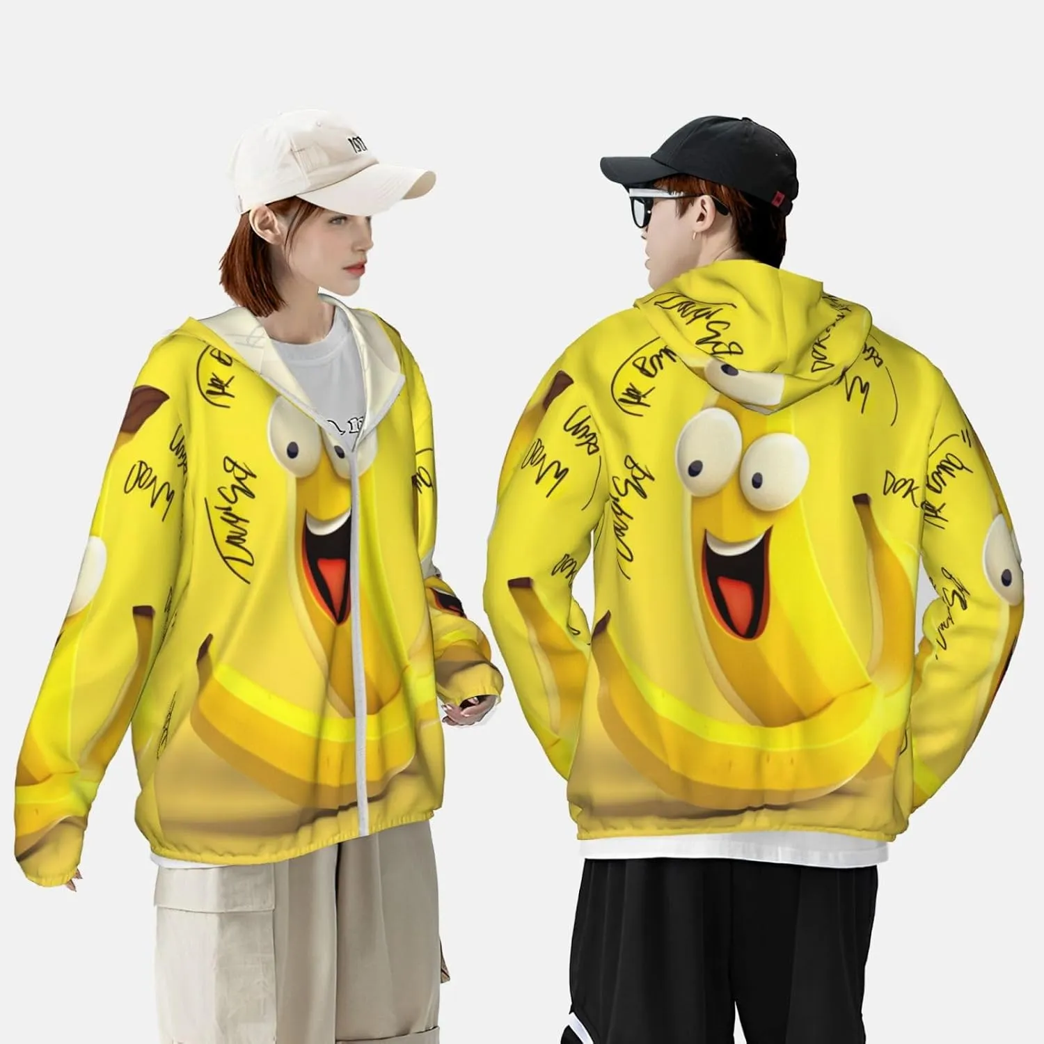 Men's UPF 50  Sun Protection Hoodie Jacket Long Sleeve Outdoor Yellow Banana Sun Shirt for Women Zip Pockets