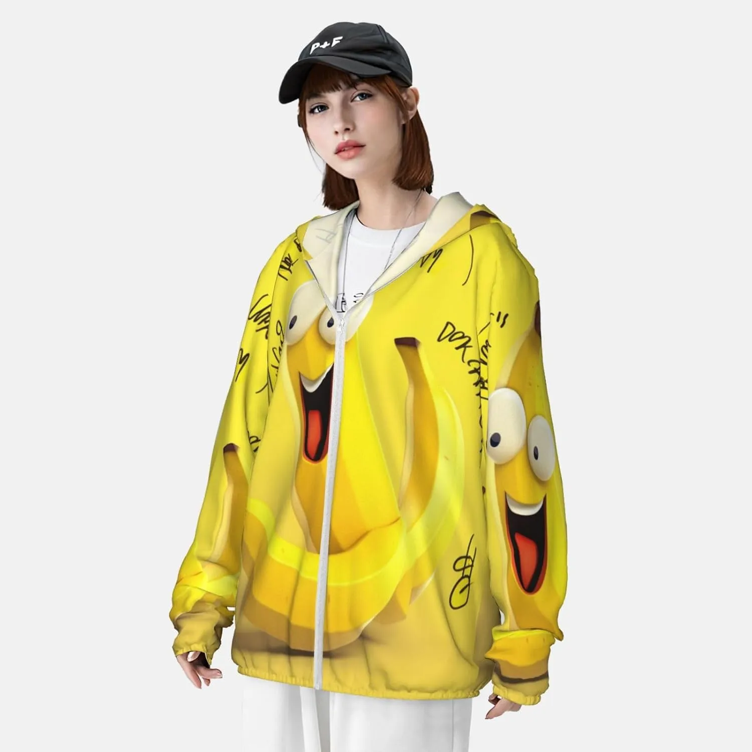 Men's UPF 50  Sun Protection Hoodie Jacket Long Sleeve Outdoor Yellow Banana Sun Shirt for Women Zip Pockets