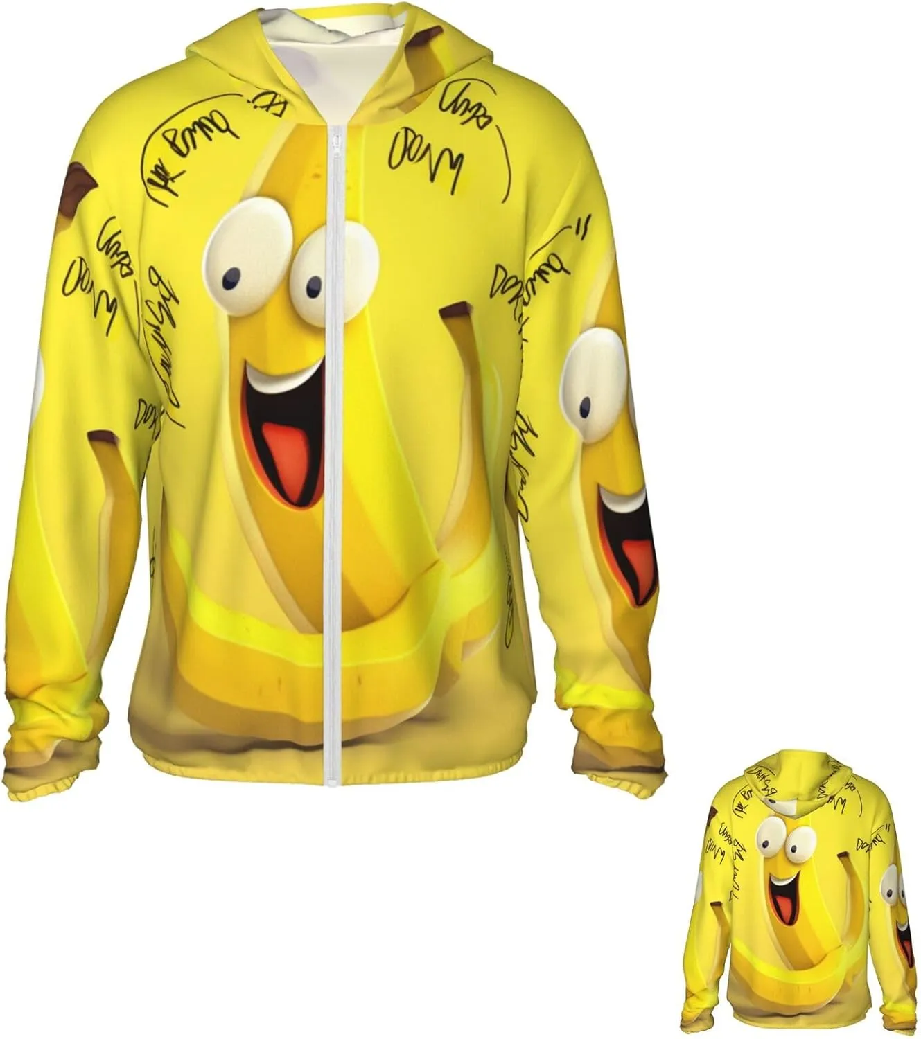 Men's UPF 50  Sun Protection Hoodie Jacket Long Sleeve Outdoor Yellow Banana Sun Shirt for Women Zip Pockets