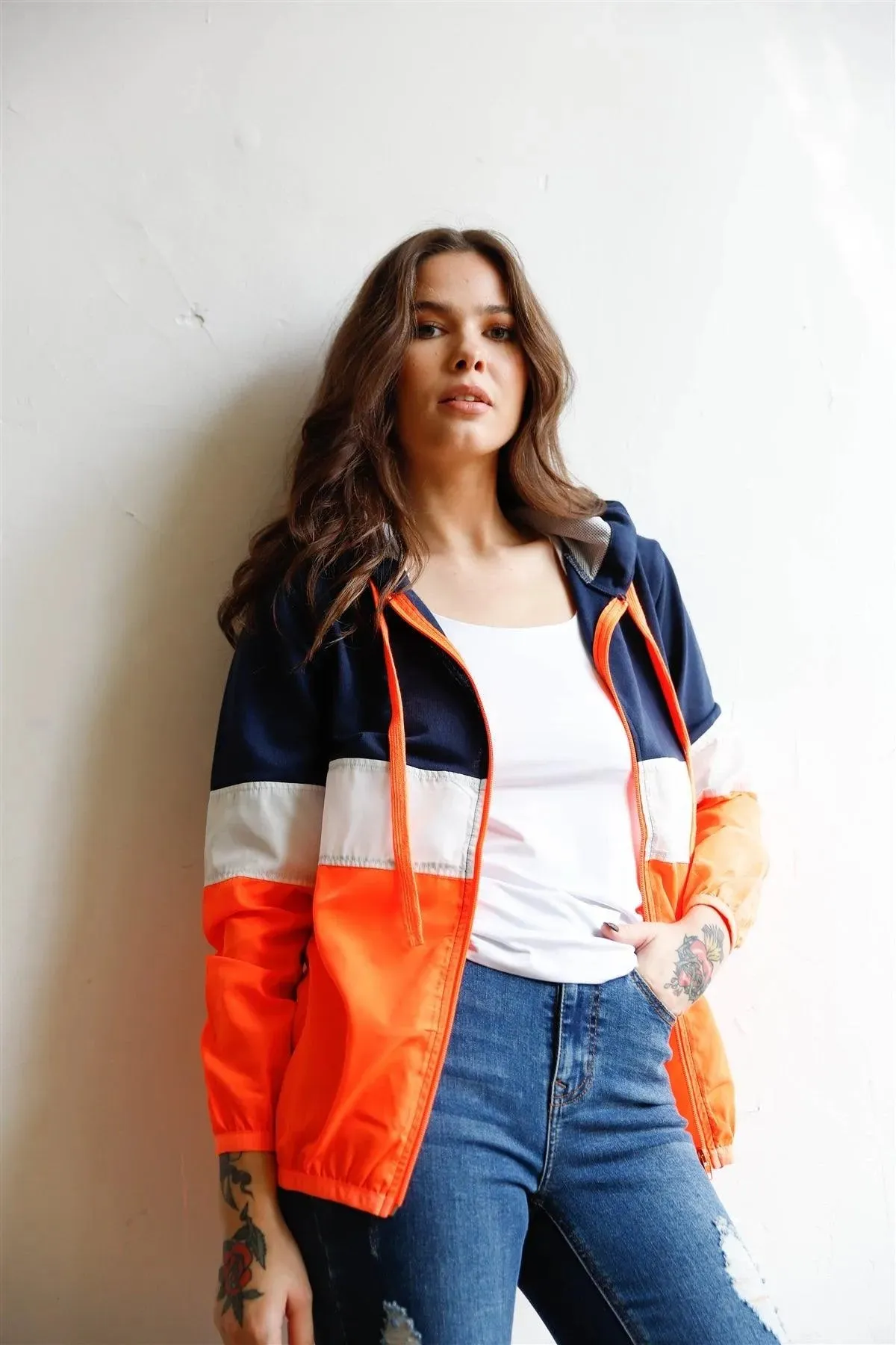 Navy Neon Coral Colorblock Zip-Up Hooded Wind Jacket /1-1-1