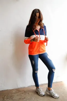 Navy Neon Coral Colorblock Zip-Up Hooded Wind Jacket /1-1-1