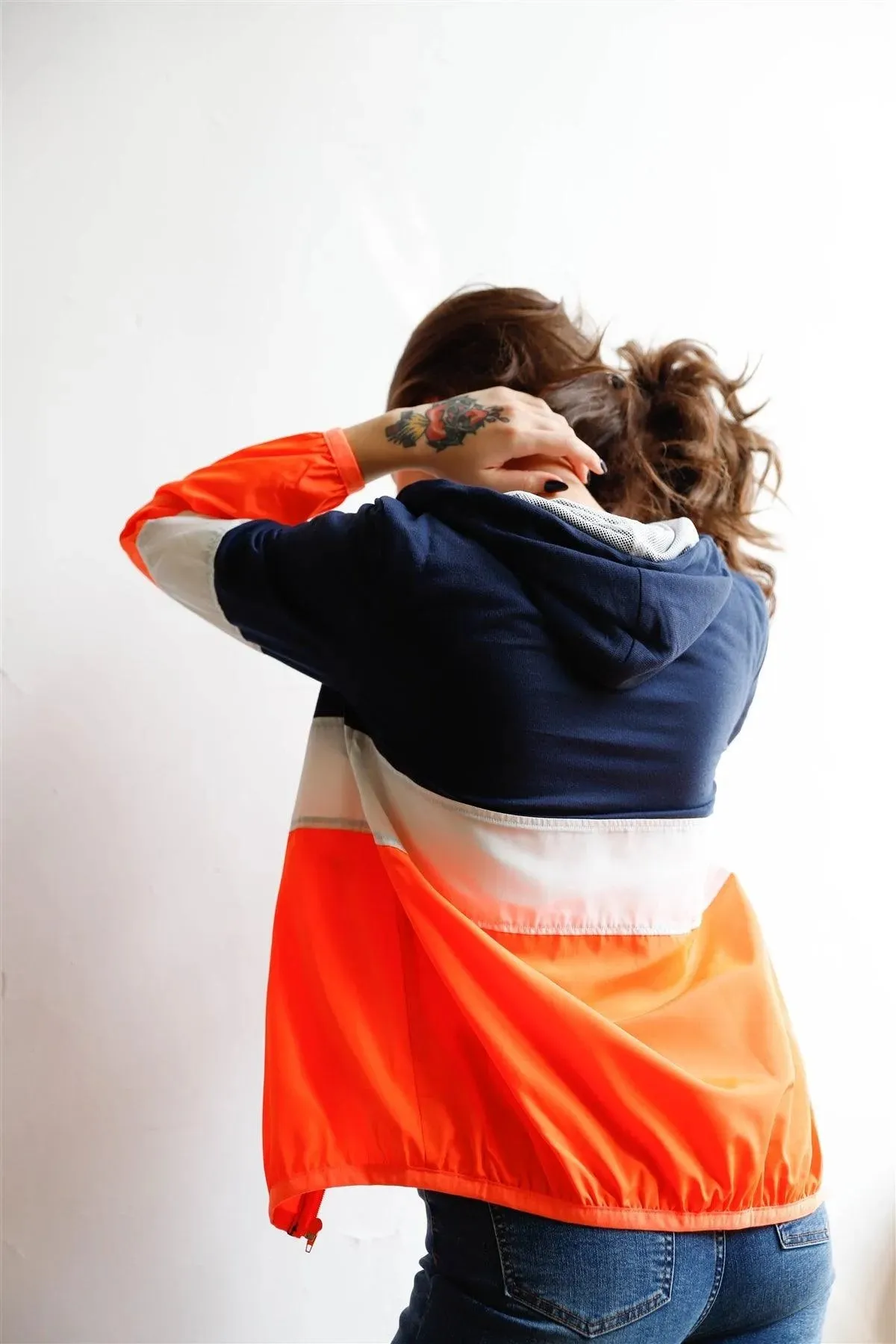 Navy Neon Coral Colorblock Zip-Up Hooded Wind Jacket /1-1-1