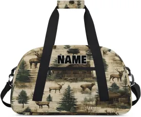 Personalized Gym Dance Bag with Name, Wild Cabin Deer Nature Tree Plants Custom Cheerleading Duffel Bag Travel Weekender Overnight Carry On Sleepover Bag