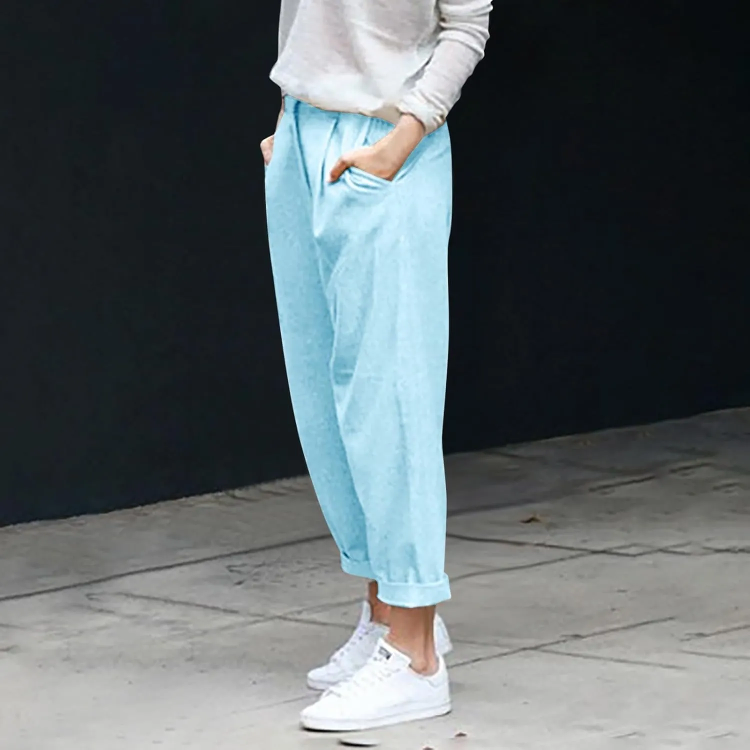 PTOLOCIF Cotton Linen Pants for Women Summer Baggy Boho Casual Palazzo Pants Wide Leg Long Lounge Trousers with Pockets