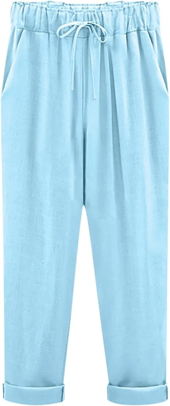 PTOLOCIF Cotton Linen Pants for Women Summer Baggy Boho Casual Palazzo Pants Wide Leg Long Lounge Trousers with Pockets