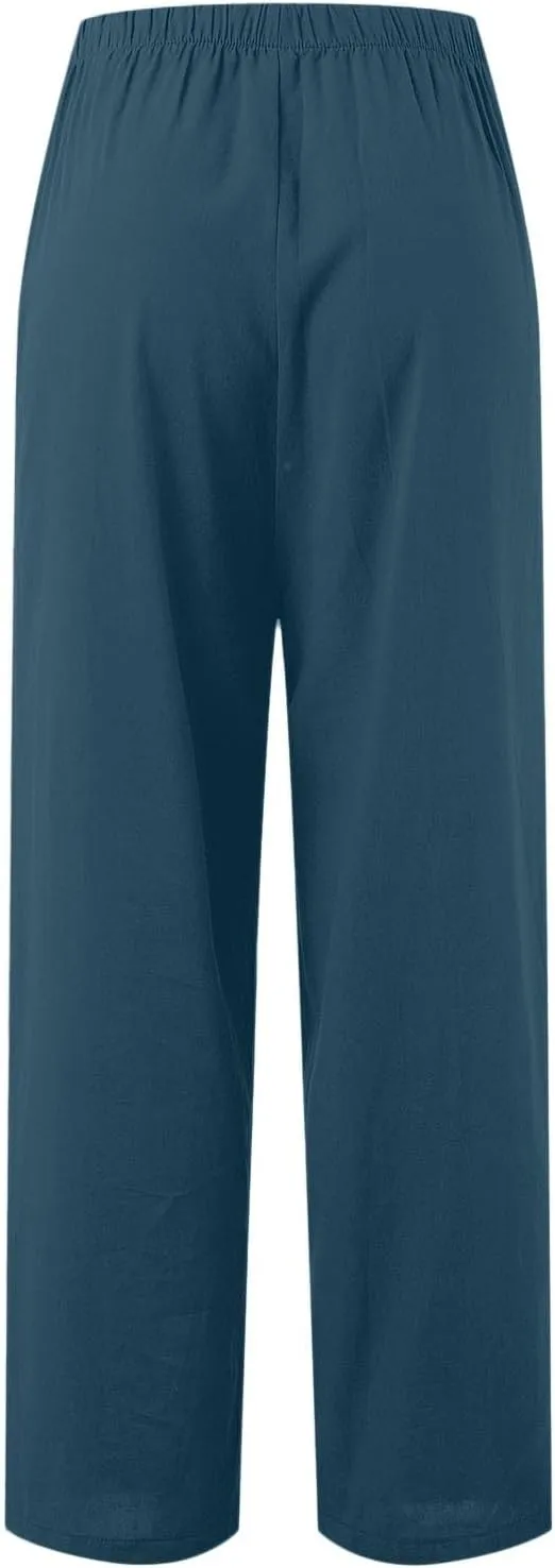 PTOLOCIF Linen Pants for Women Summer Wide Leg Casual Loose Pant Drawstring High Waist Palazzo Pant Trousers with Pockets