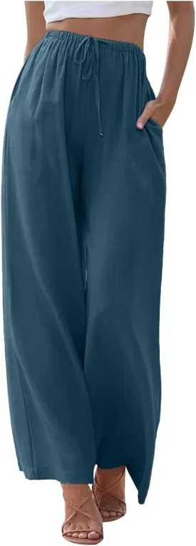 PTOLOCIF Linen Pants for Women Summer Wide Leg Casual Loose Pant Drawstring High Waist Palazzo Pant Trousers with Pockets