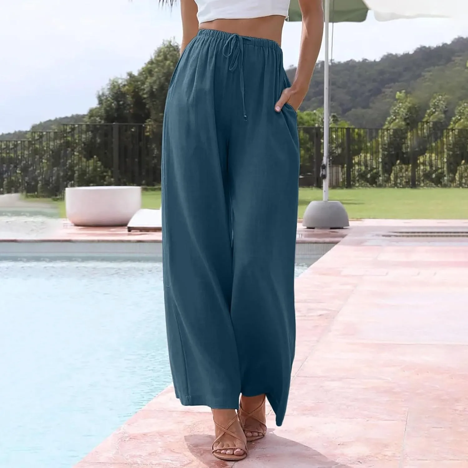PTOLOCIF Linen Pants for Women Summer Wide Leg Casual Loose Pant Drawstring High Waist Palazzo Pant Trousers with Pockets