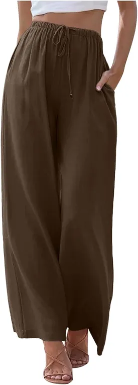 PTOLOCIF Linen Pants for Women Summer Wide Leg Casual Loose Pant Drawstring High Waist Palazzo Pant Trousers with Pockets