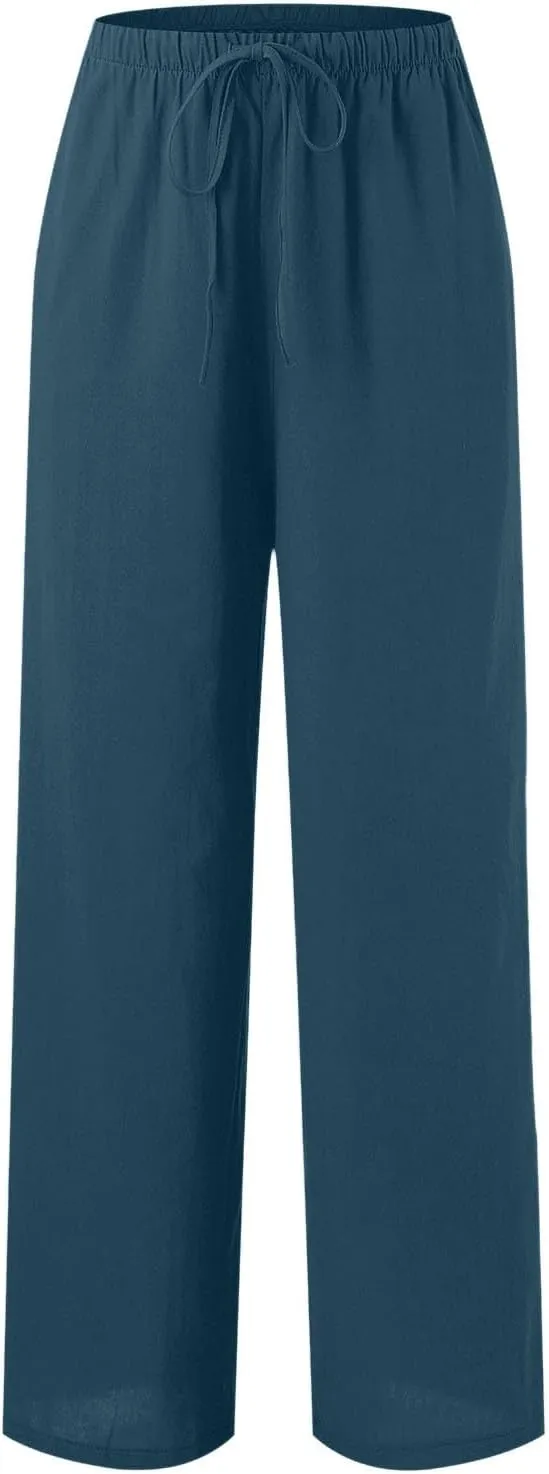 PTOLOCIF Linen Pants for Women Summer Wide Leg Casual Loose Pant Drawstring High Waist Palazzo Pant Trousers with Pockets