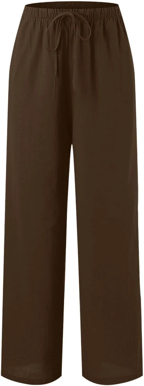 PTOLOCIF Linen Pants for Women Summer Wide Leg Casual Loose Pant Drawstring High Waist Palazzo Pant Trousers with Pockets