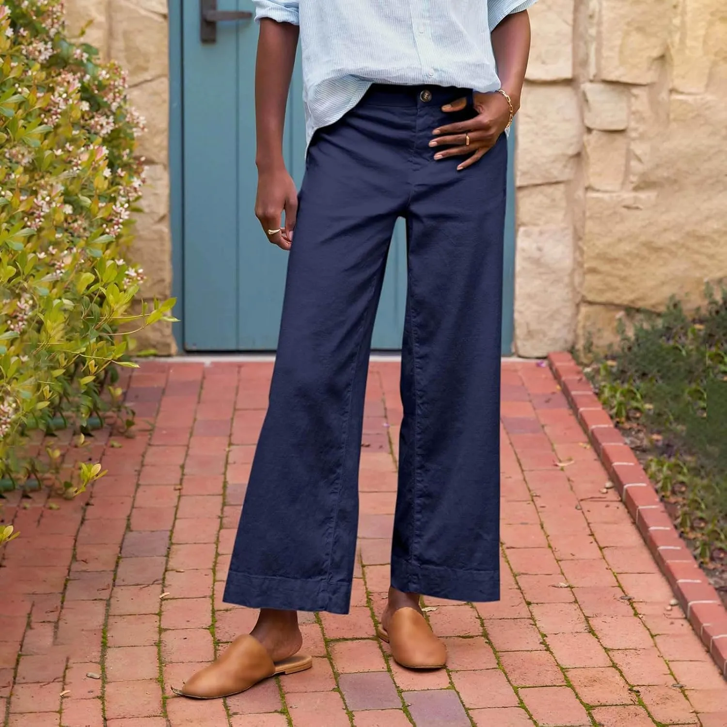 PTOLOCIF Linen Pants for Women Wide Leg Palazzo Pants High Waisted Summer Casual Cotton Linen Boho Pants with Pockets