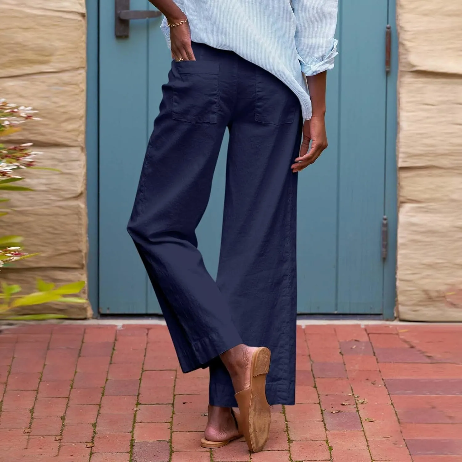 PTOLOCIF Linen Pants for Women Wide Leg Palazzo Pants High Waisted Summer Casual Cotton Linen Boho Pants with Pockets