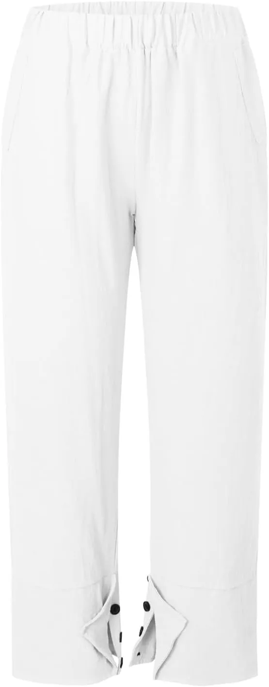 PTOLOCIF Linen Pants Women Summer Wide Leg Pants Drawstring Elastic Waist Pant High Waisted Casual Lounge Beach Trousers