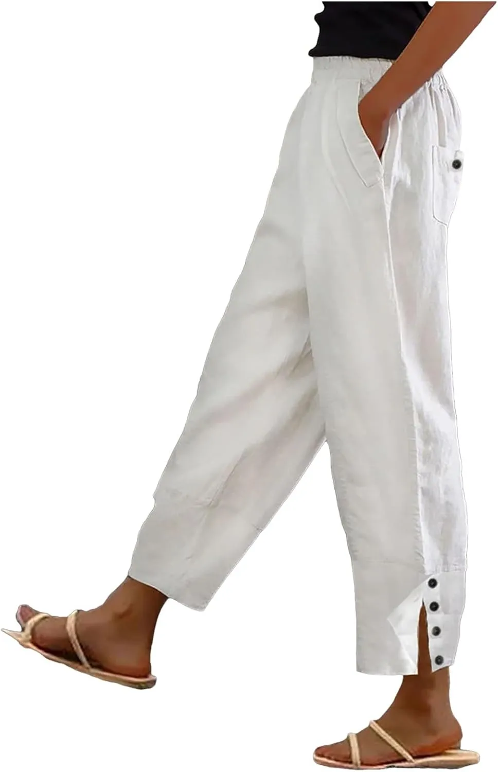 PTOLOCIF Linen Pants Women Summer Wide Leg Pants Drawstring Elastic Waist Pant High Waisted Casual Lounge Beach Trousers