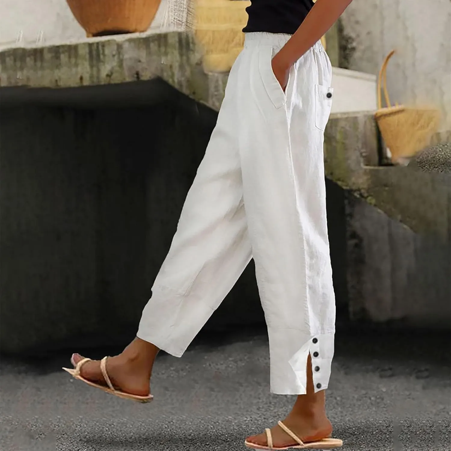 PTOLOCIF Linen Pants Women Summer Wide Leg Pants Drawstring Elastic Waist Pant High Waisted Casual Lounge Beach Trousers