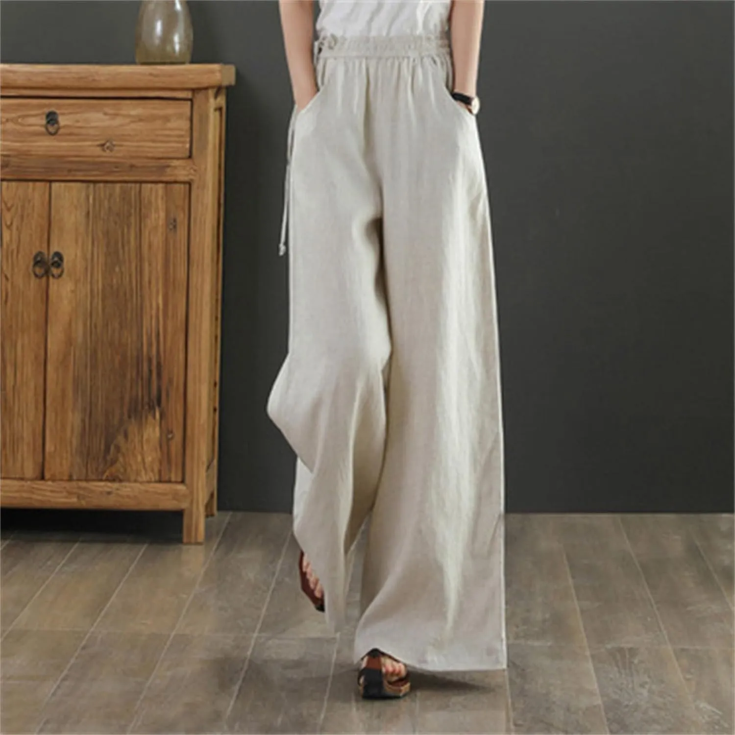 PTOLOCIF Womens Casual Linen Pants High Waisted Long Palazzo Pants Wide Leg Cotton Linen Lounge Pant Trousers with Pockets