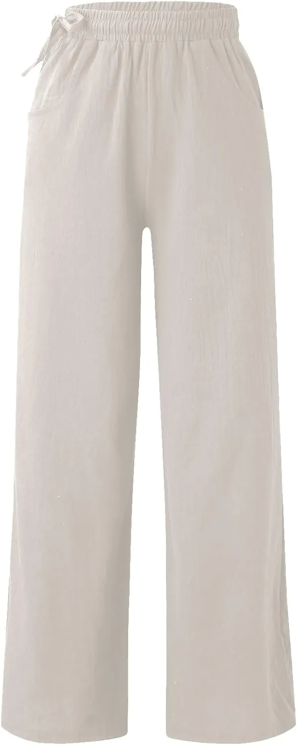 PTOLOCIF Womens Casual Linen Pants High Waisted Long Palazzo Pants Wide Leg Cotton Linen Lounge Pant Trousers with Pockets