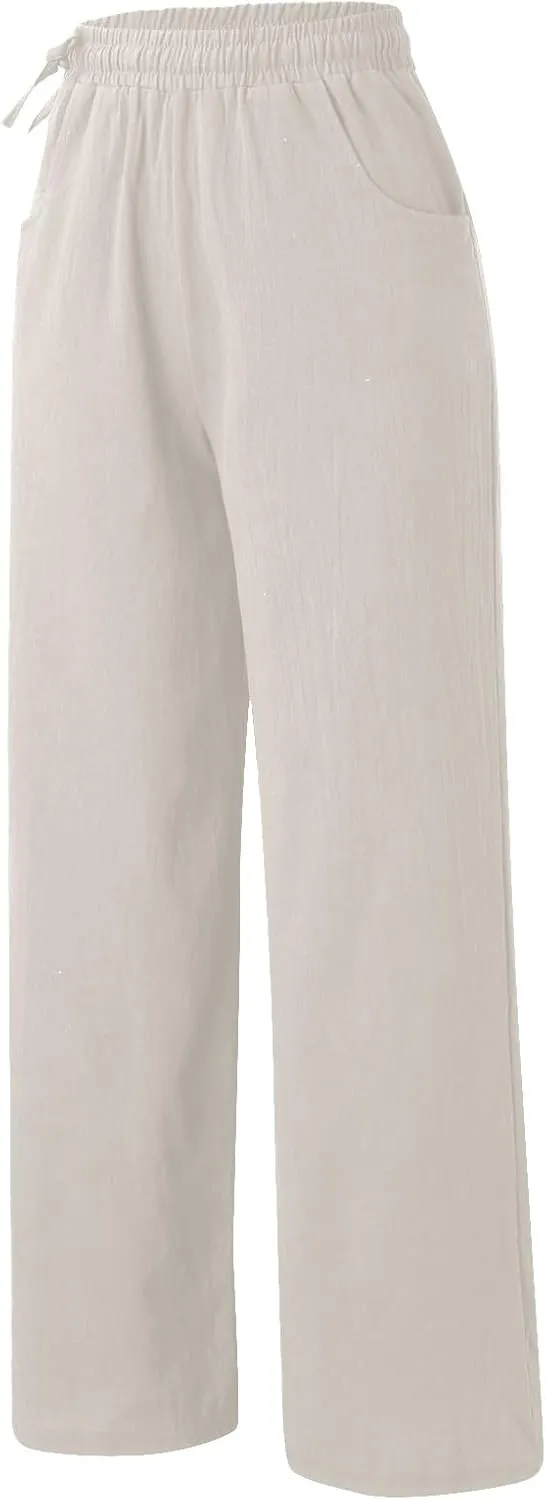 PTOLOCIF Womens Casual Linen Pants High Waisted Long Palazzo Pants Wide Leg Cotton Linen Lounge Pant Trousers with Pockets