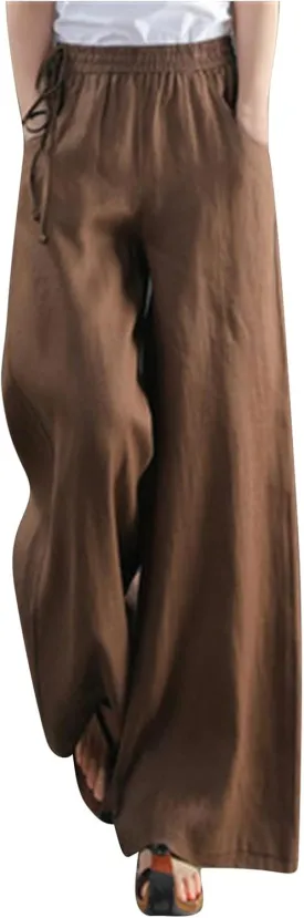PTOLOCIF Womens Casual Linen Pants High Waisted Long Palazzo Pants Wide Leg Cotton Linen Lounge Pant Trousers with Pockets