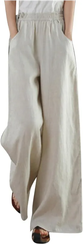 PTOLOCIF Womens Casual Linen Pants High Waisted Long Palazzo Pants Wide Leg Cotton Linen Lounge Pant Trousers with Pockets