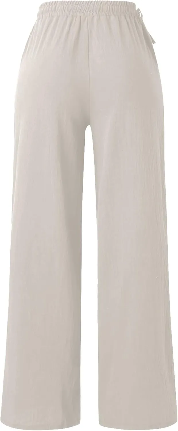 PTOLOCIF Womens Casual Linen Pants High Waisted Long Palazzo Pants Wide Leg Cotton Linen Lounge Pant Trousers with Pockets