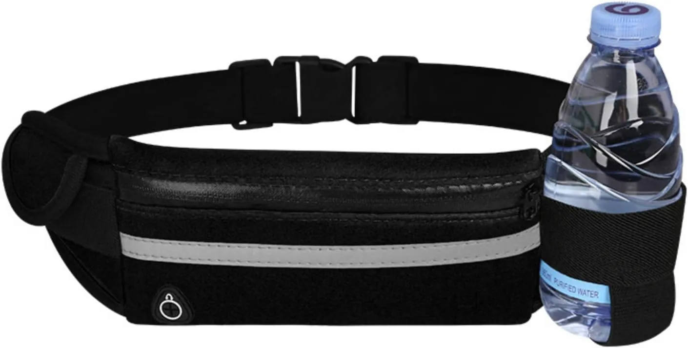 QWEQWE Running Belt with Water Bottle Holder,Sweatproof and Waterproof, Sports Fanny Pack with Holder, Machine Washable,Can Hold Cash Keys Cards Phone(Black) Large