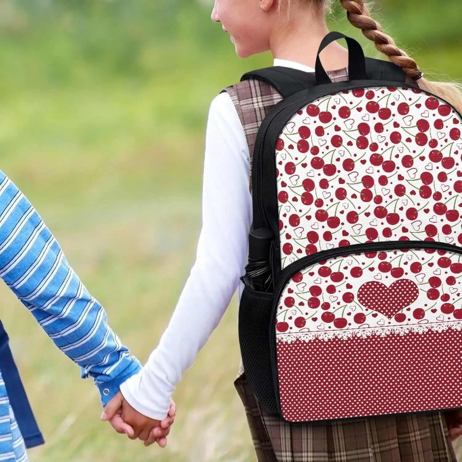 Red Cherry Backpacks for Girls Student Durable Lightweight Large Capacity 17 Inch Cute Elementary School Backpack Kids Double Zipper Bookbag Travel Daypack with Front Pocket