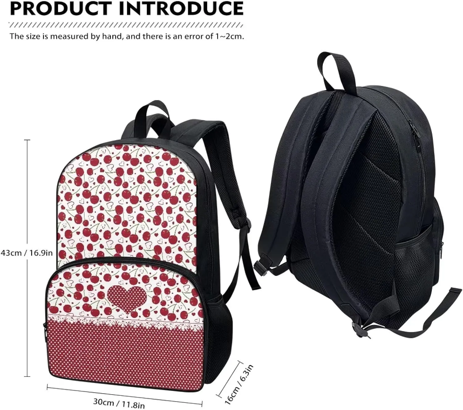 Red Cherry Backpacks for Girls Student Durable Lightweight Large Capacity 17 Inch Cute Elementary School Backpack Kids Double Zipper Bookbag Travel Daypack with Front Pocket