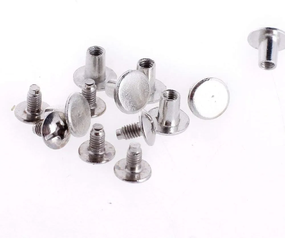 Round Flat Head Chicago Screws Buttons for Leather Crafting, 1/4 Inches (6mm) Repair Screw Post Fastener, Metal Nail Rivet Studs, Silver, 500 Sets, Diameter 3/8 Inches (10mm)