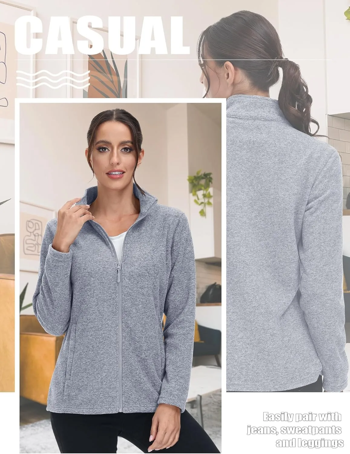 TACVASEN Women's Full Zip Fleece Jacket Lightweight Jacket Womens Winter Warm Coats with 2 Zipper Pockets