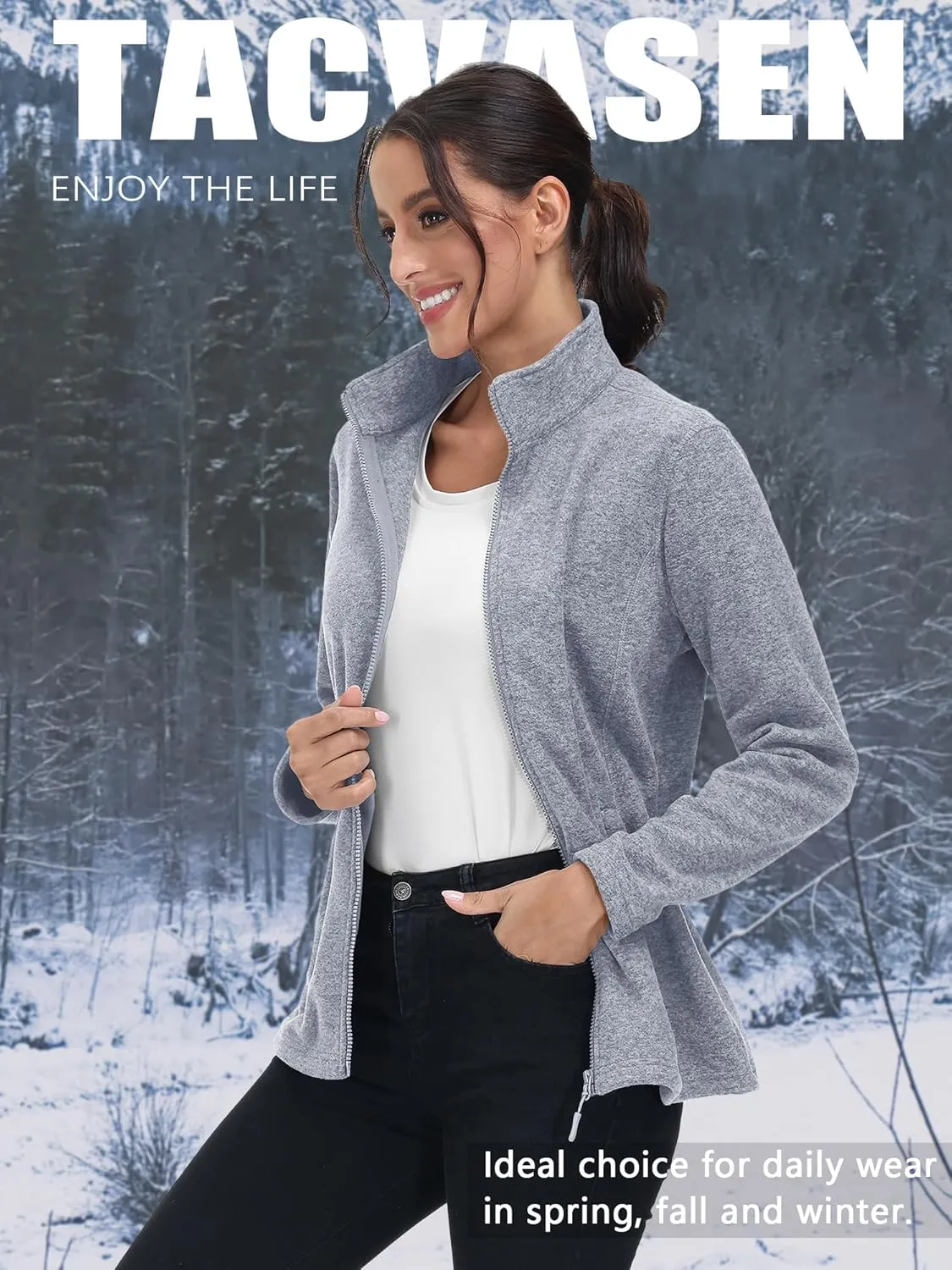 TACVASEN Women's Full Zip Fleece Jacket Lightweight Jacket Womens Winter Warm Coats with 2 Zipper Pockets