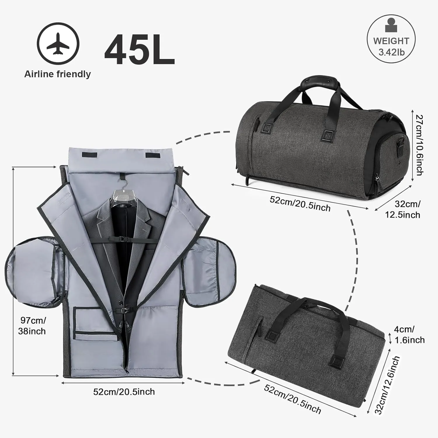 Vomgomfom 45L Foldable Garment Bag with Removable Backpack & Shoulder Straps,Business Travel Suit Bag with Separate Shoe Compartment,Black