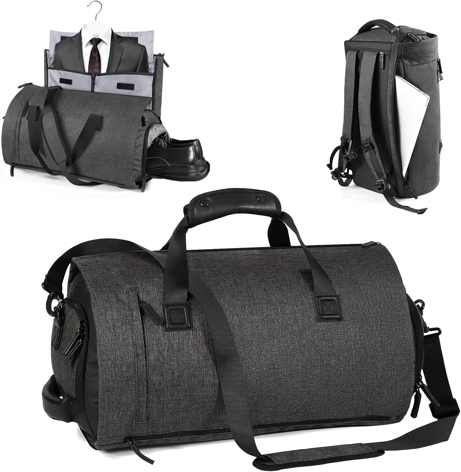 Vomgomfom 45L Foldable Garment Bag with Removable Backpack & Shoulder Straps,Business Travel Suit Bag with Separate Shoe Compartment,Black