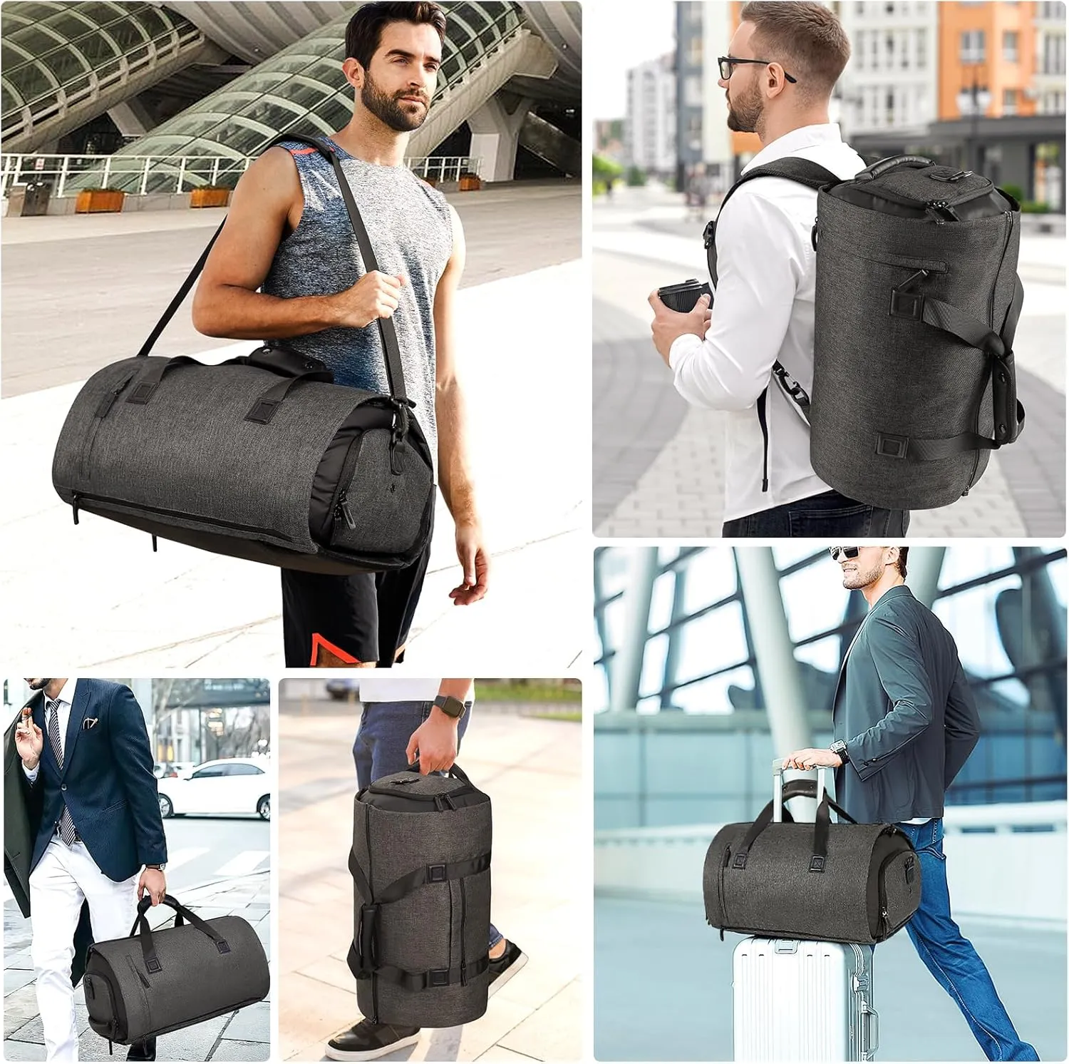 Vomgomfom 45L Foldable Garment Bag with Removable Backpack & Shoulder Straps,Business Travel Suit Bag with Separate Shoe Compartment,Black