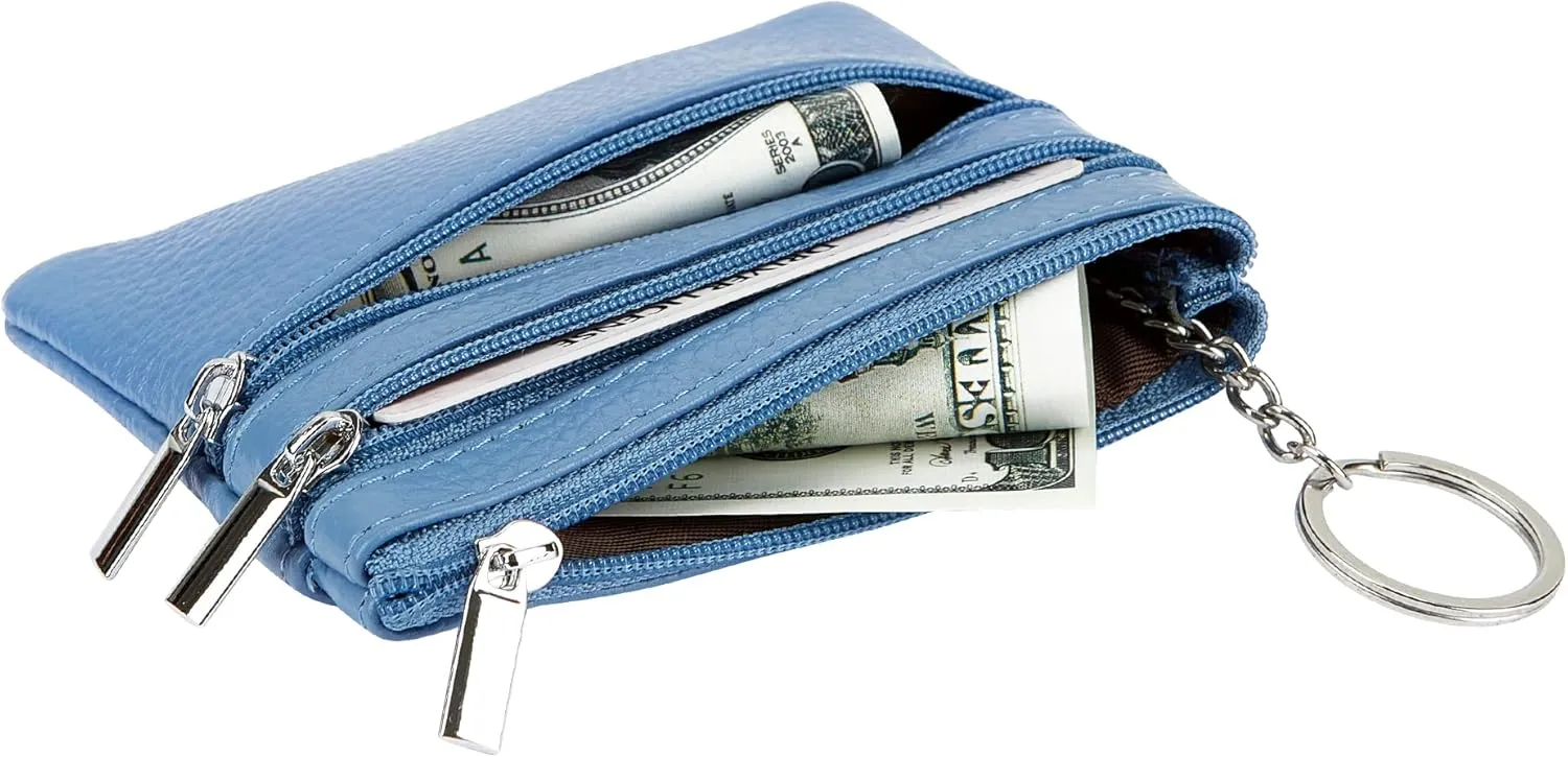 Women's Genuine Leather Coin Purse Mini Pouch Change Wallet with Keychain