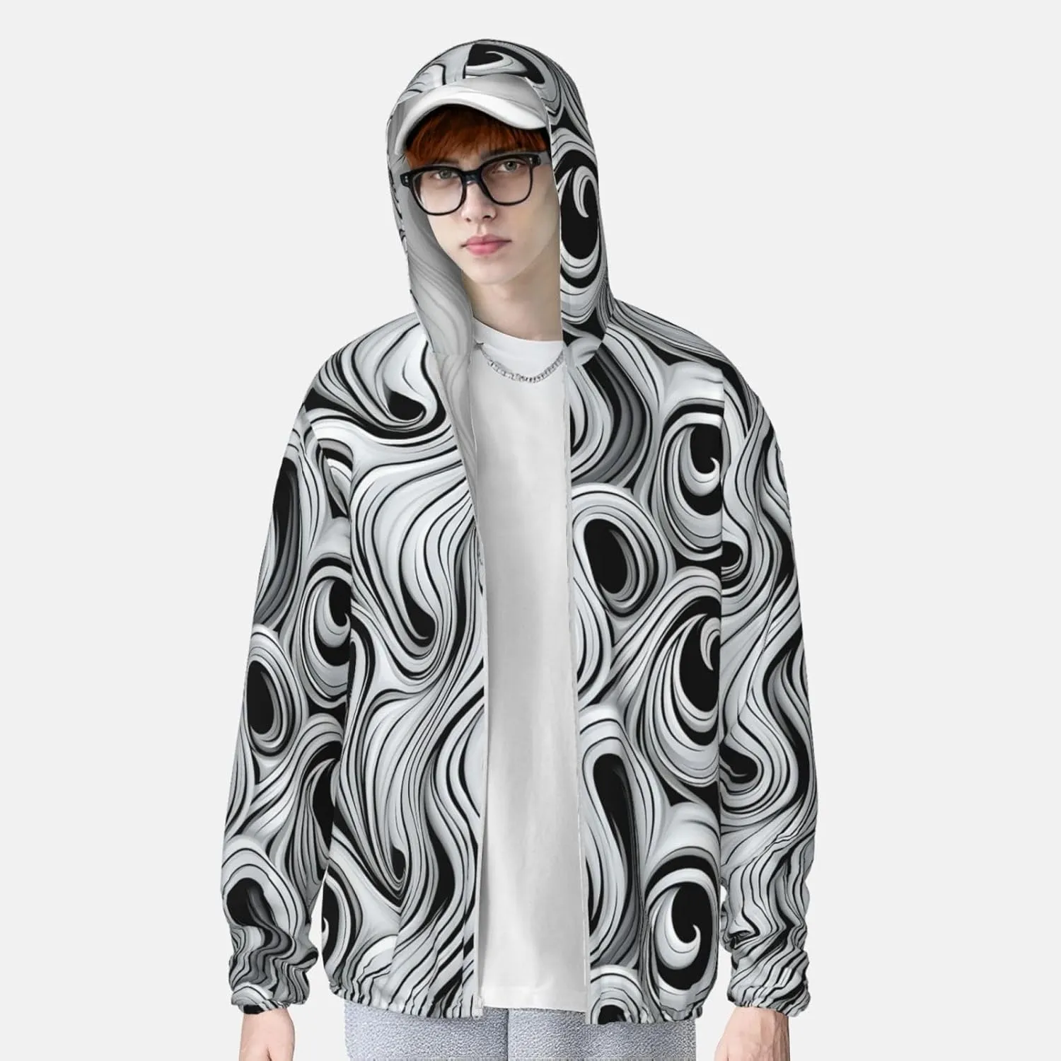 Women's UPF 50  Sun Protection Hoodie Lightweight Jackets Shirt Black and White Swirl Long Sleeve Sun Shirts