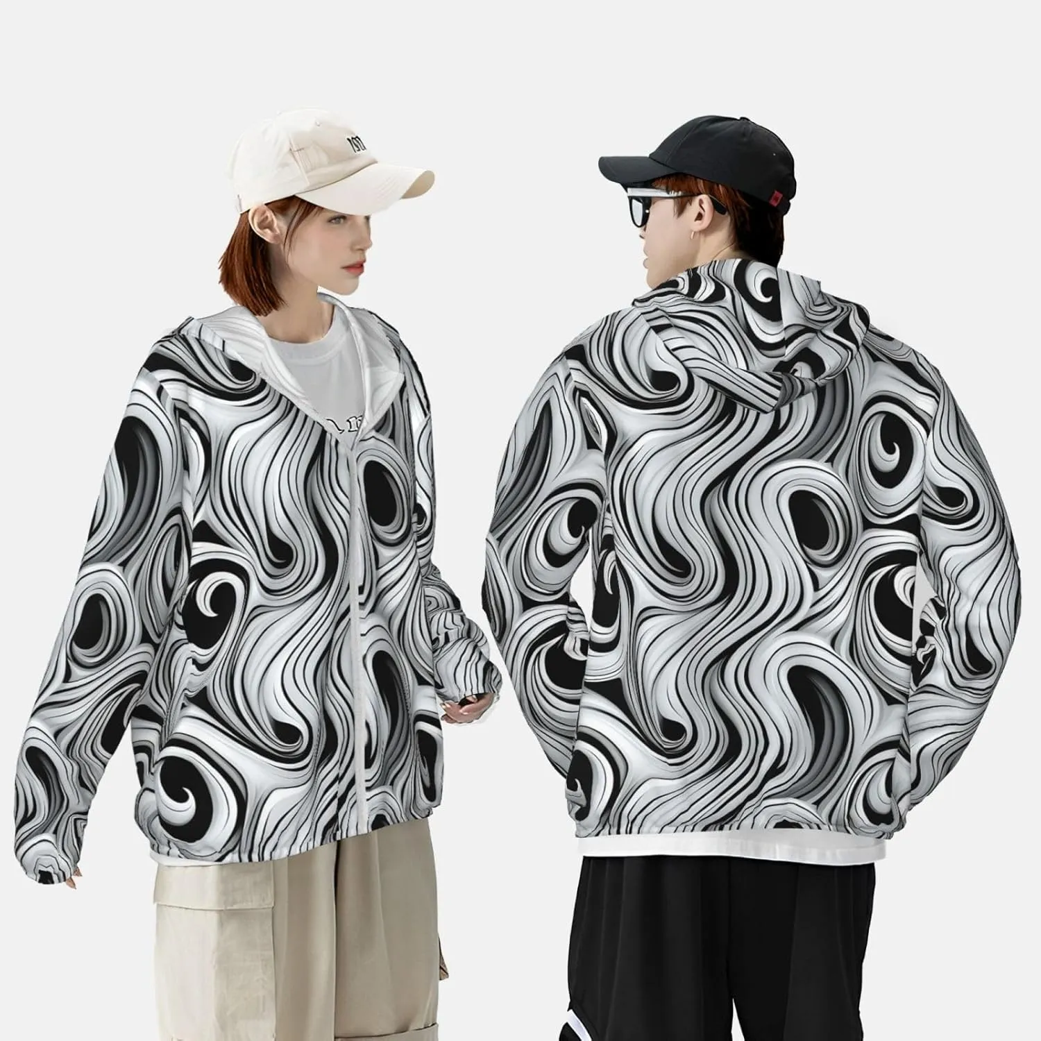 Women's UPF 50  Sun Protection Hoodie Lightweight Jackets Shirt Black and White Swirl Long Sleeve Sun Shirts