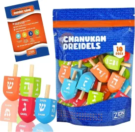 Zion Judaica Colored Wooden Dreidels 1.75" Medium Size Driedel 10 Pack Drydels in a Ziplock Bag Bulk Pack Colorful Dreidels Spinning Tops Chanukah Game Driedels for Kids Traditional Hanukkah Toy